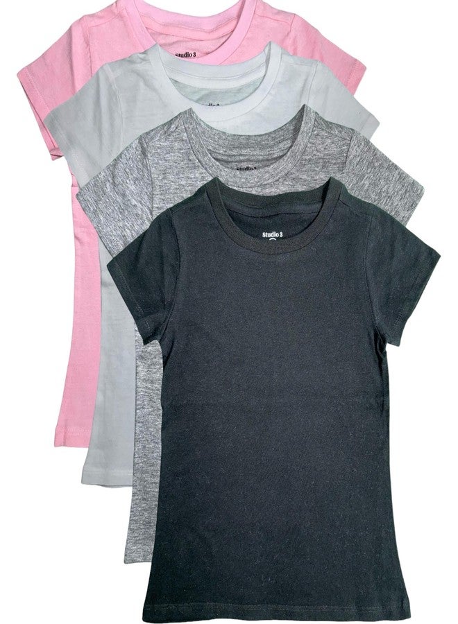 Studio 3 Girls’ 4-Pack Crew Neck Solid Colored Soft Basic T-Shirts - Assorted Colors - Stylish Kids' Tees Set - Pink,Black,White,Grey 3T - Image 1
